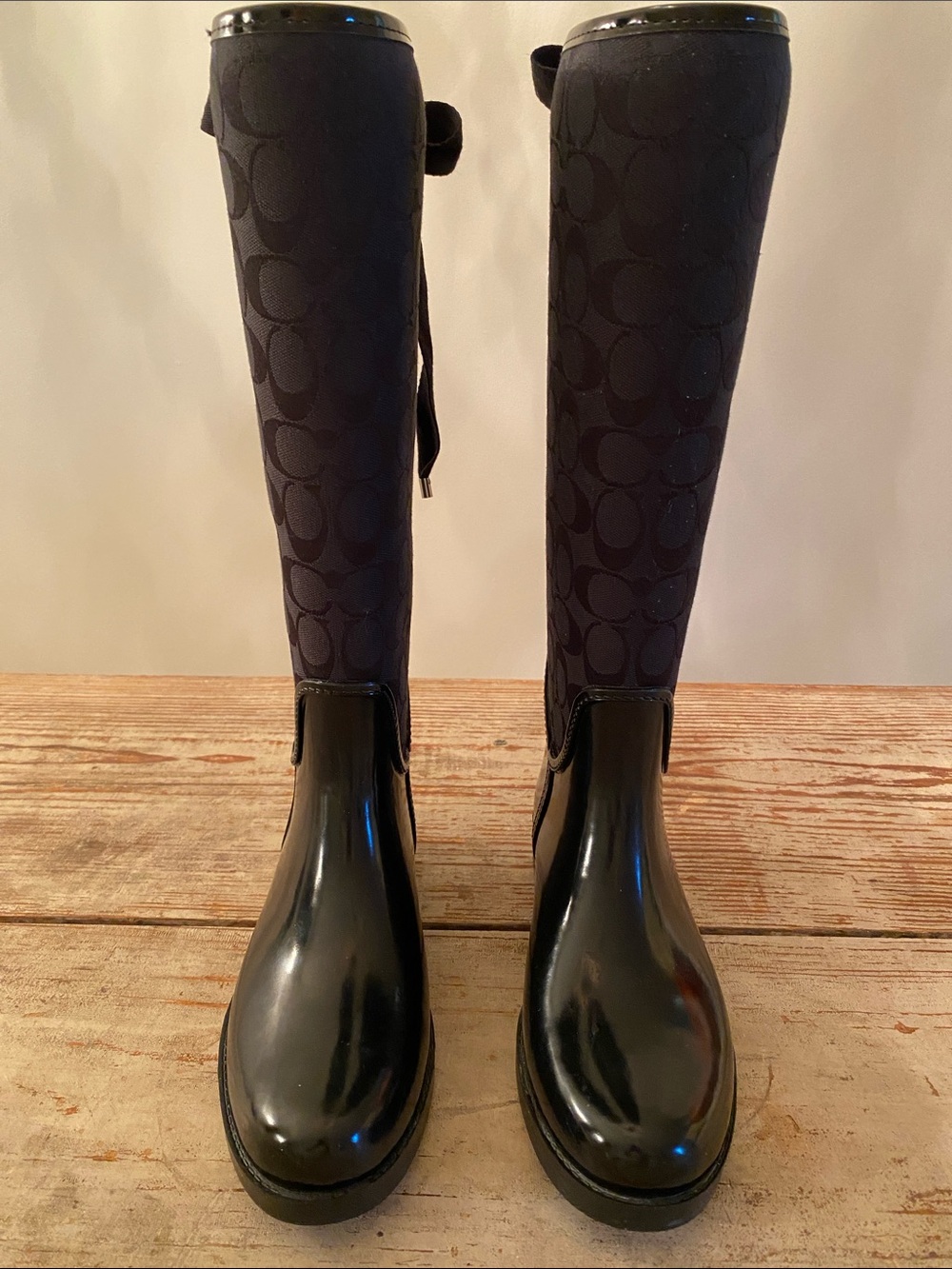 New! Coach Black Signature Monogram Tall Rain Boots - Picture 2 of 8
